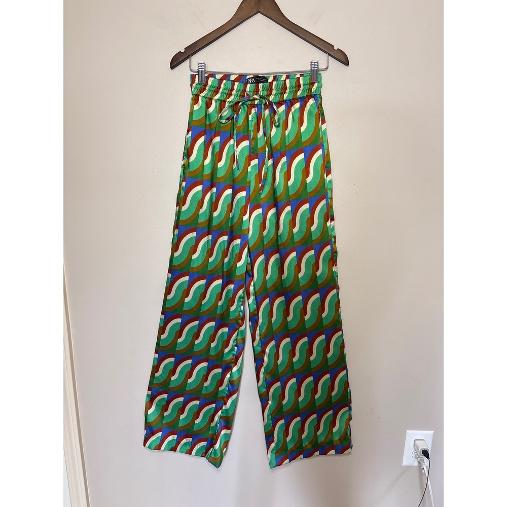 Zara Womens Satin Geometric Wavy Print Wide Leg Pants Green Funky Size Small